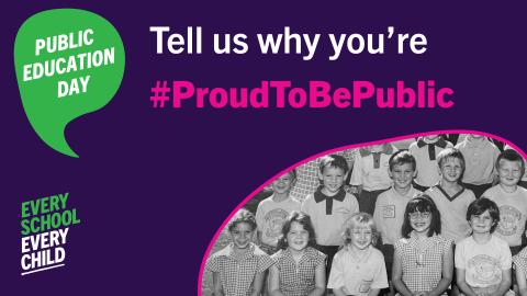Photo of students with text asking viewed to tell us why your #proudtobepublic