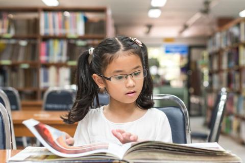 Literacy primary school girl with pig tails reading a book in library