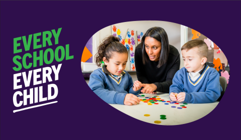School teacher with students and Every School Every Child campaign logo