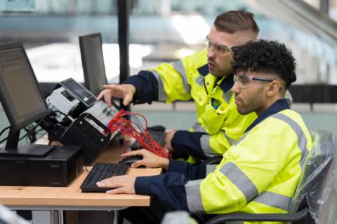 two men in hi-viz at desks looking at machines