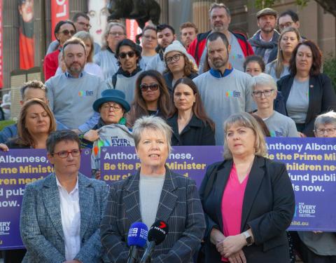 Public education campaigners outside the State Library of Victoria