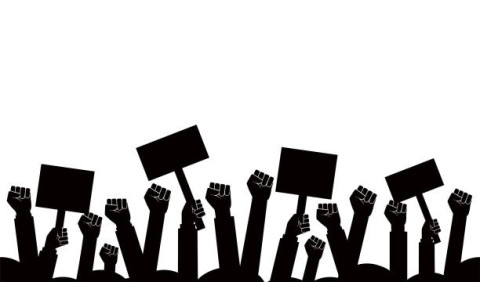 black and white, hands holding up placards