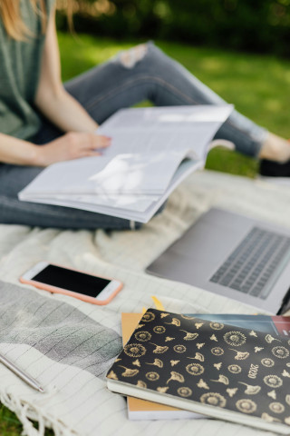 A person (slightly out of frame) reading a book on a picnic rug with their phone and laptop also visible.