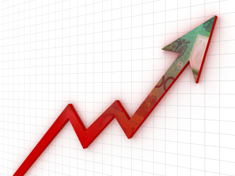 Arrow pointing up with money watermarked in the background