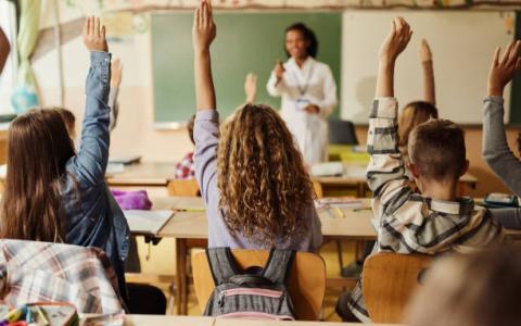 Room of primary kids back sitting with hands up, teacher at the front